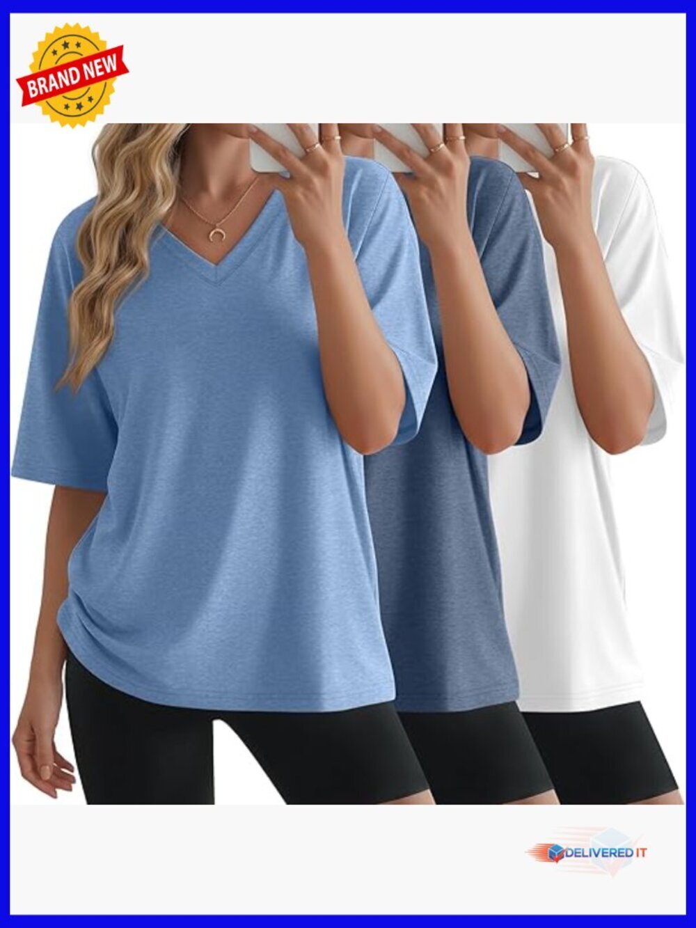 3 Pack Women's Oversized Half Sleeve V Neck Tops Loose Fit Summer Tees